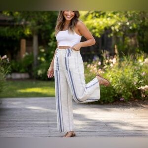 Reformation Size 6 White & Blue Striped Linen Wide Leg Pants | Relaxed Fit